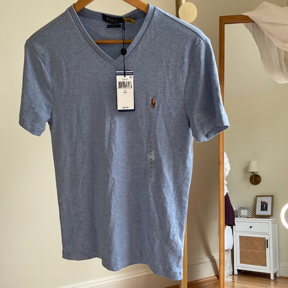 Polo Ralph Lauren V Neck Short Sleeve Tee Custom Slim Fit Blue Htr Size S  NWT